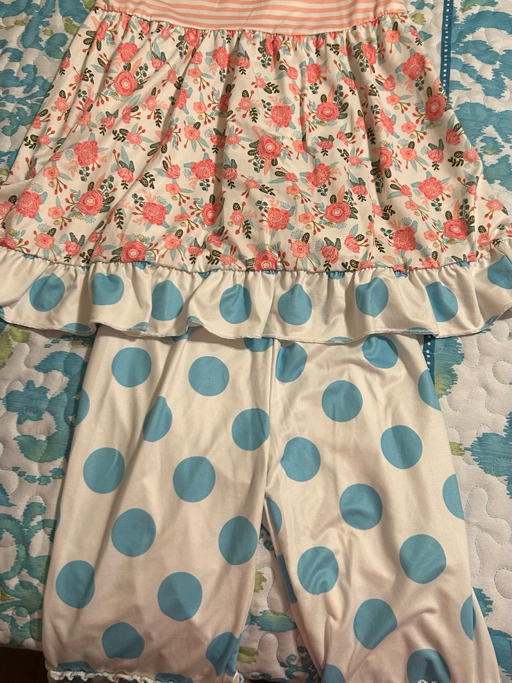Girls Cream Floral & Light Blue Polka Dot Set